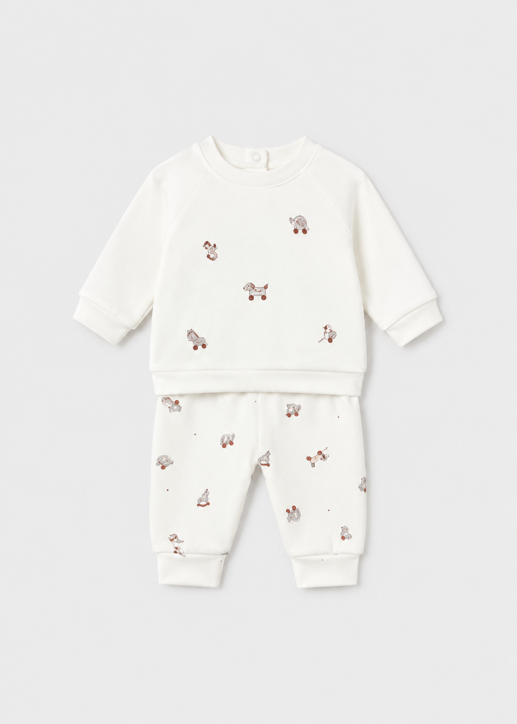 Completo neonato Mayoral 2 pezzi con felpa écru e pantalone con animaletti