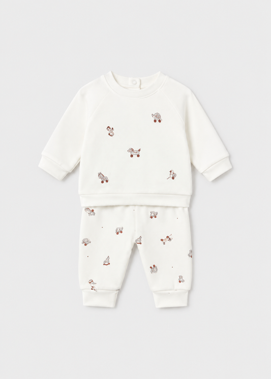 Completo neonato Mayoral 2 pezzi con felpa écru e pantalone con animaletti