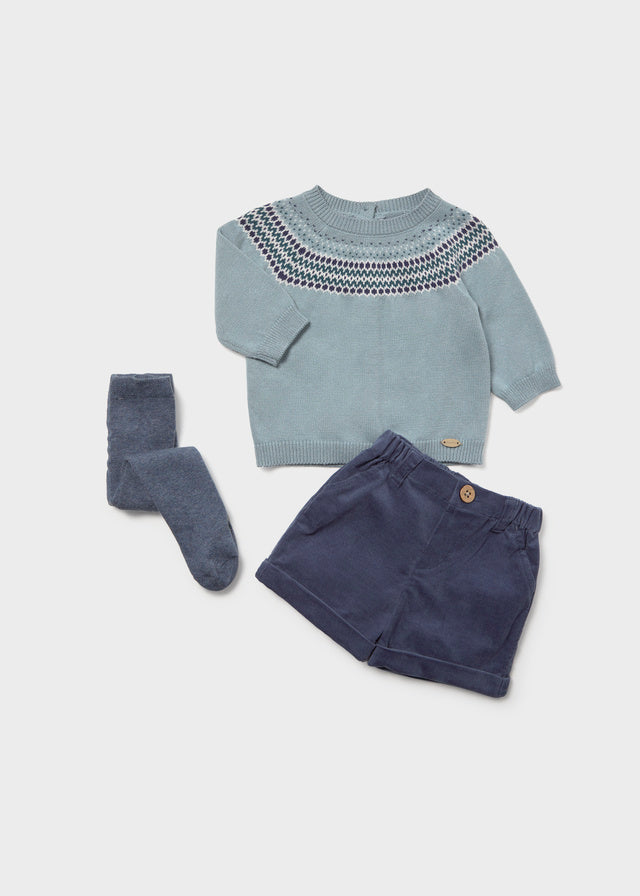 Completo neonato Mayoral 3 pezzi con maglioncino pantaloncino e calzamaglia