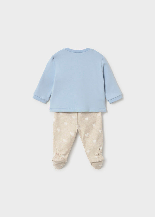 Completo neonato Mayoral azzurro e beige con felpa decorata e ghettina con piedini