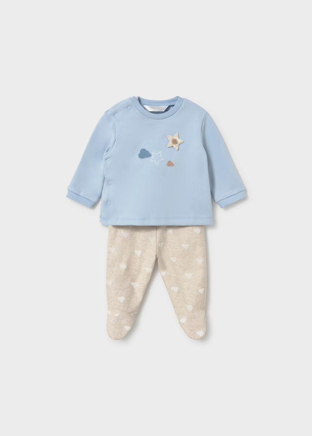 Completo neonato Mayoral con felpa azzurra e ghettina beige con piedini e nuvolette