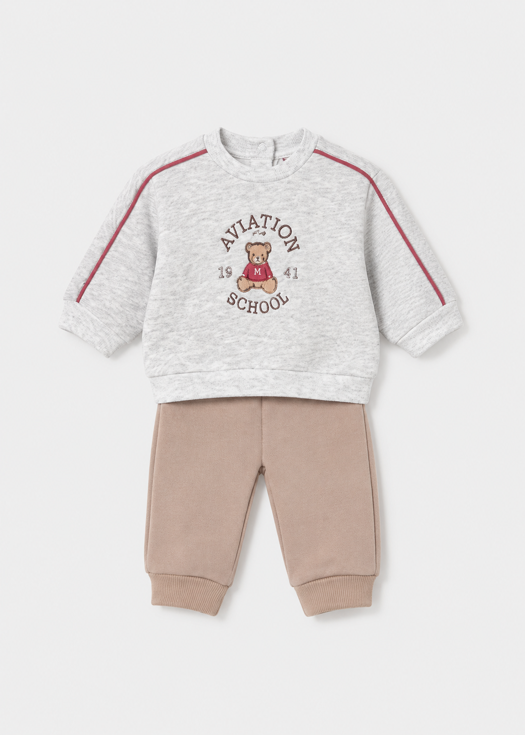 Completo neonato Mayoral con felpa grigio mélange con orsetto e pantalone beige
