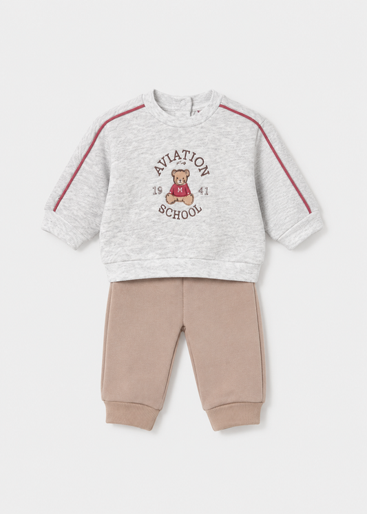 Completo neonato Mayoral con felpa grigio mélange con orsetto e pantalone beige