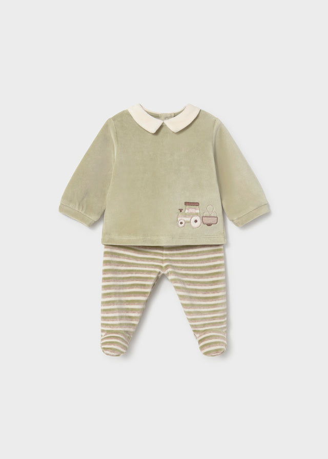 Completo neonato Mayoral in ciniglia verde salvia con maglia e ghettina a righe