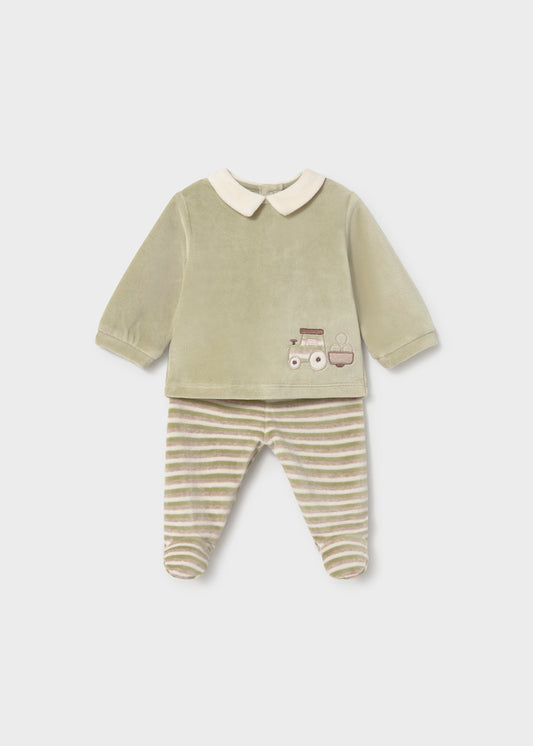 Completo neonato Mayoral in ciniglia verde salvia con maglia e ghettina a righe