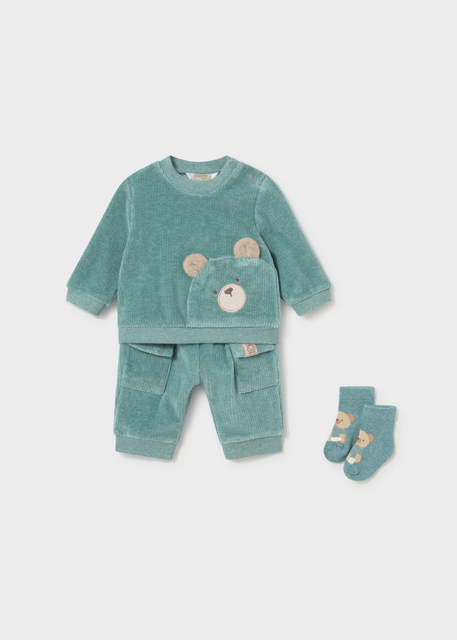 Completo neonato Mayoral verde acqua con felpa con orsetto, pantalone e calzini coordinati