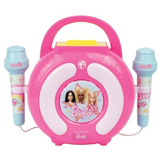 Confezione Barbie Karaoke Sound Box rosa con due microfoni, Bluetooth, luci ed effetti sonori.