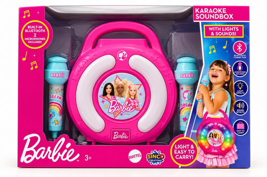Confezione Barbie Karaoke Sound Box rosa con due microfoni, Bluetooth, luci ed effetti sonori.