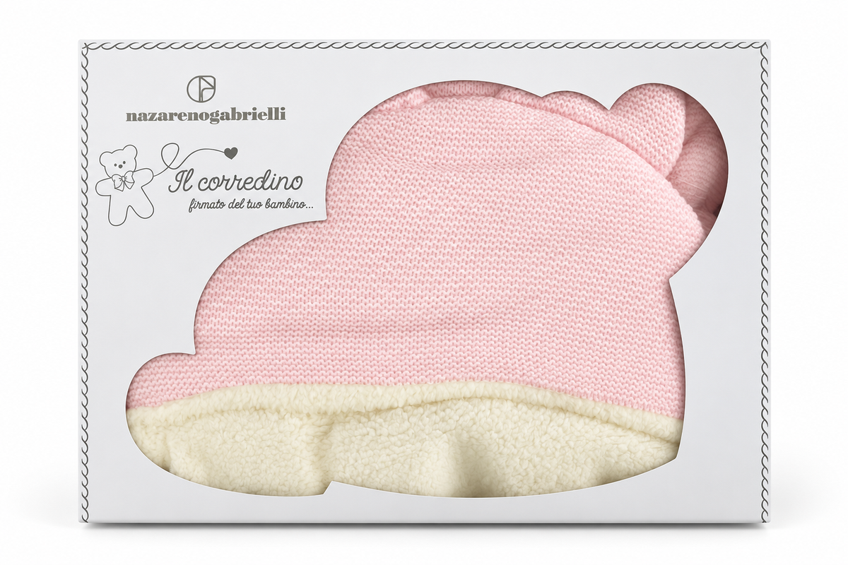 Confezione regalo Nazareno Gabrielli con sacco nanna rosa cipria e interno panna, ideale per il corredino nascita.