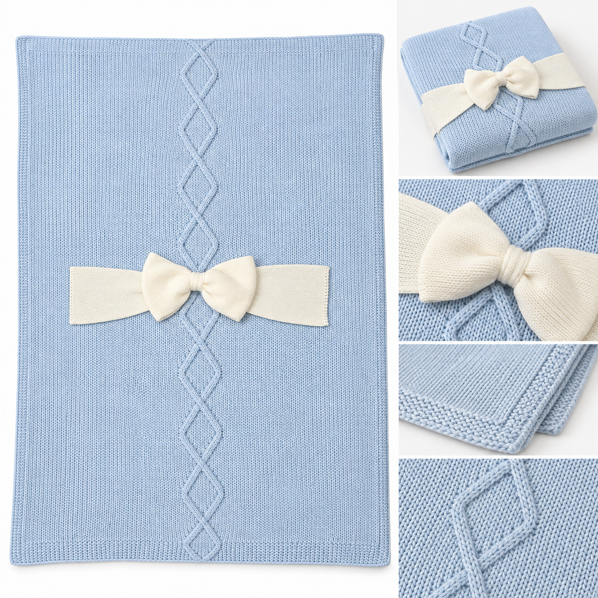Copertina neonato azzurra Nazareno Gabrielli in maglia con fiocco avorio nella confezione regalo.