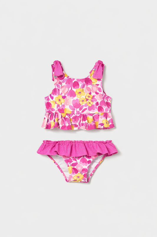 Bikini neonata Fucsia con Fantasia Floreale e Volant Mayoral