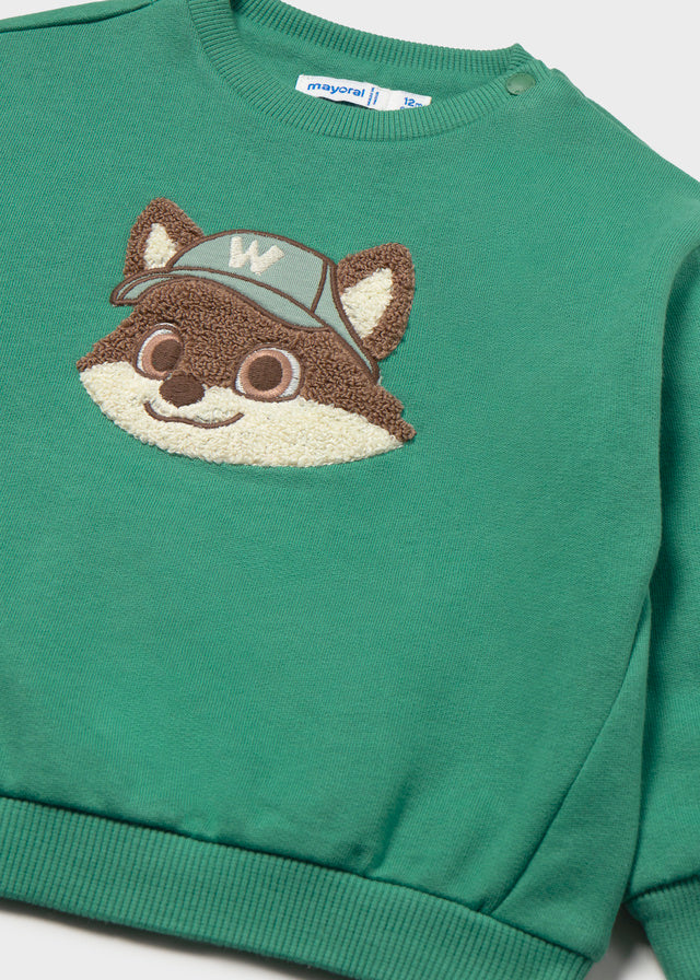 Dettaglio felpa neonato Mayoral verde con applicazione volpe effetto peluche