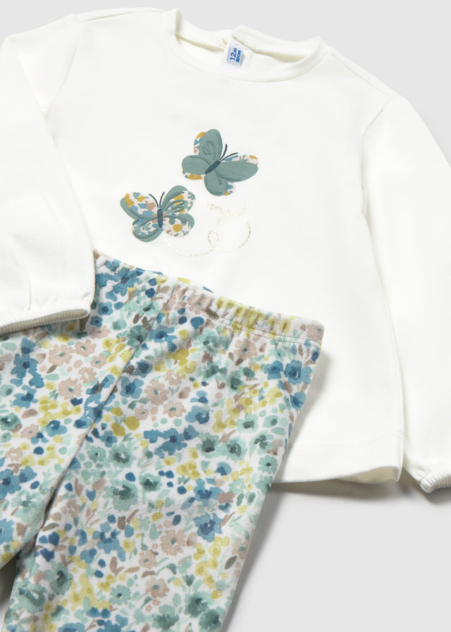 Dettaglio maglietta bianca con farfalle e leggings floreali Mayoral neonata