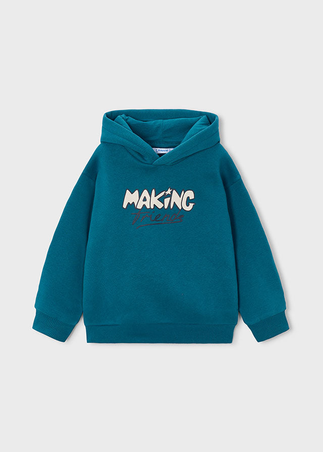 Felpa bambino Mayoral blu petrolio con cappuccio e scritta Making Friends