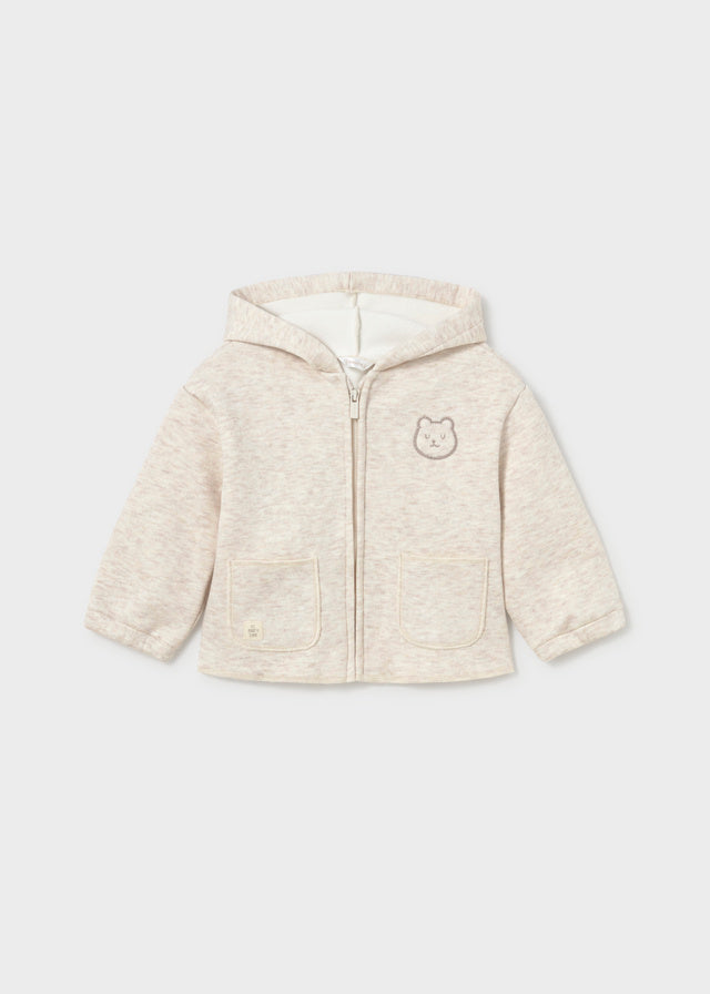 Felpa beige melange neonato Mayoral con cappuccio e orsetto ricamato