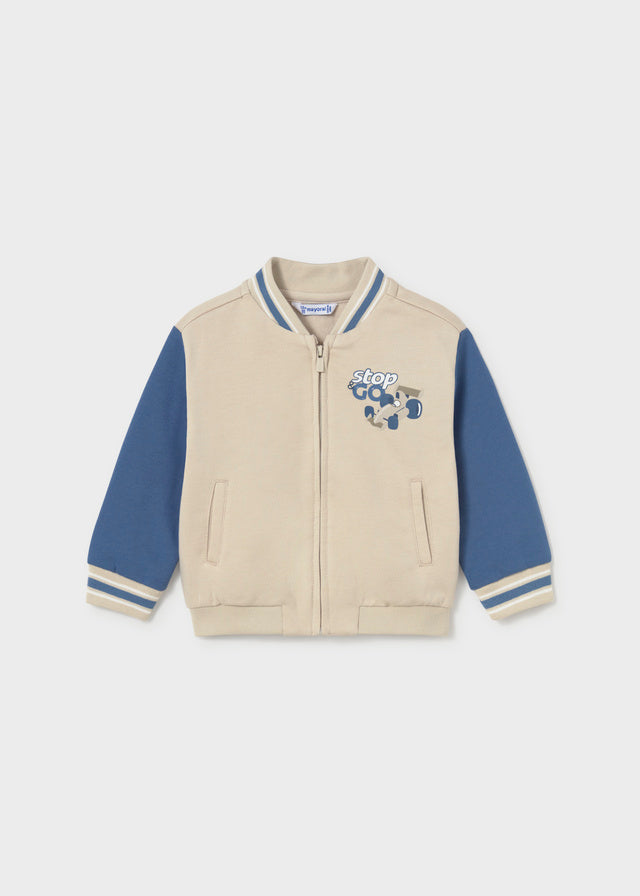 Felpa bomber beige e blu neonato Mayoral con zip e stampa automobile