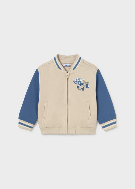 Felpa bomber beige e blu neonato Mayoral con zip e stampa automobile