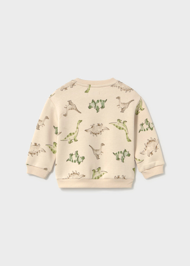 Felpa girocollo neonato Mayoral écru con dinosauri e tasca frontale
