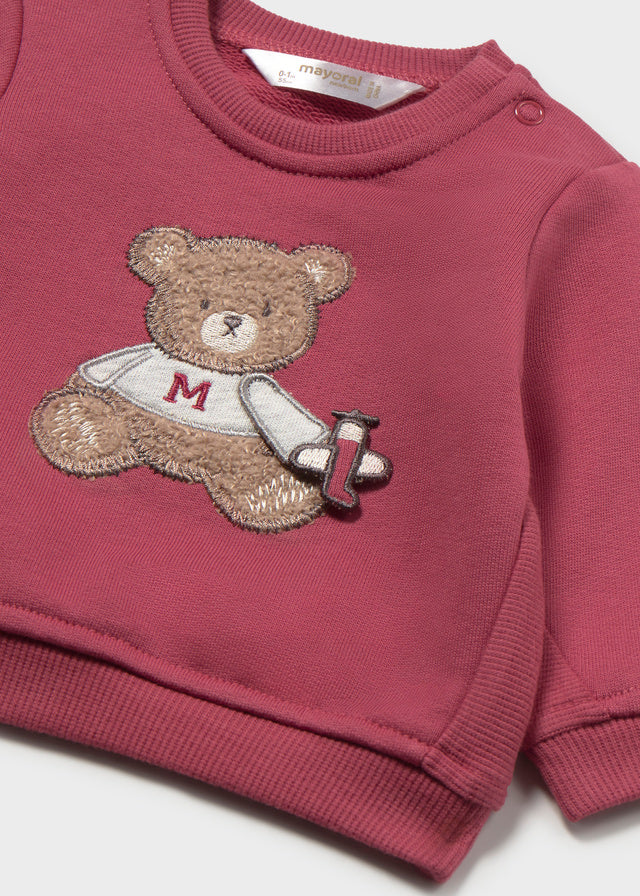 Felpa girocollo neonato Mayoral rosso bordeaux con orsetto e racchetta da tennis