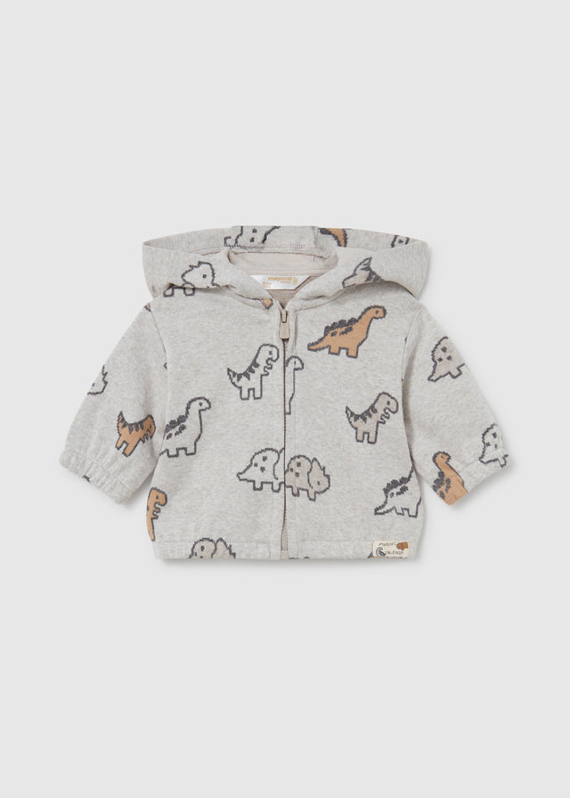 Felpa neonato Mayoral grigio mélange con cappuccio, zip e stampa dinosauri