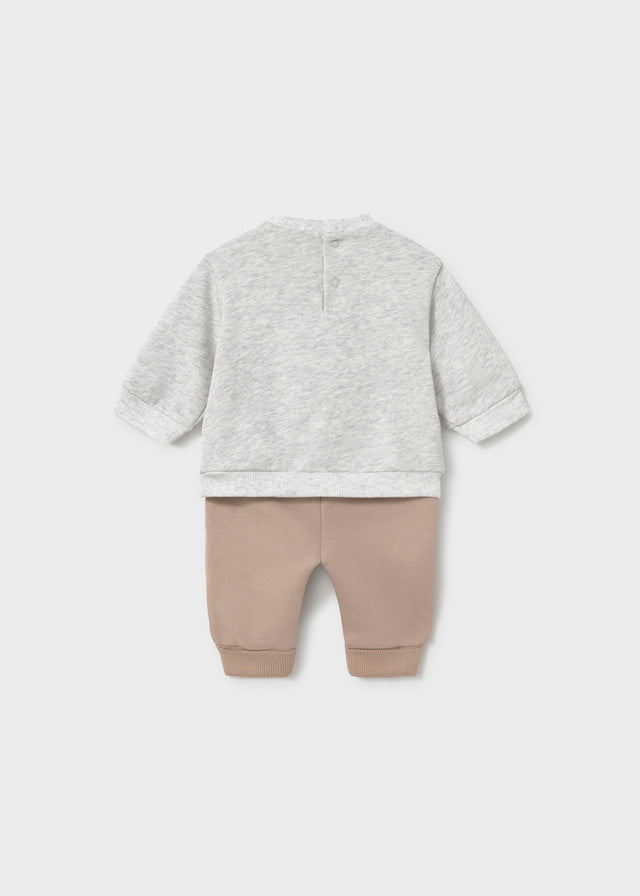 Felpa neonato Mayoral grigio mélange con orsetto e dettagli bordeaux