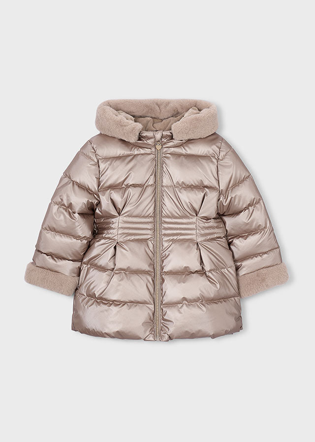 Giaccone bambina Mayoral metallizzato beige rosato vista frontale