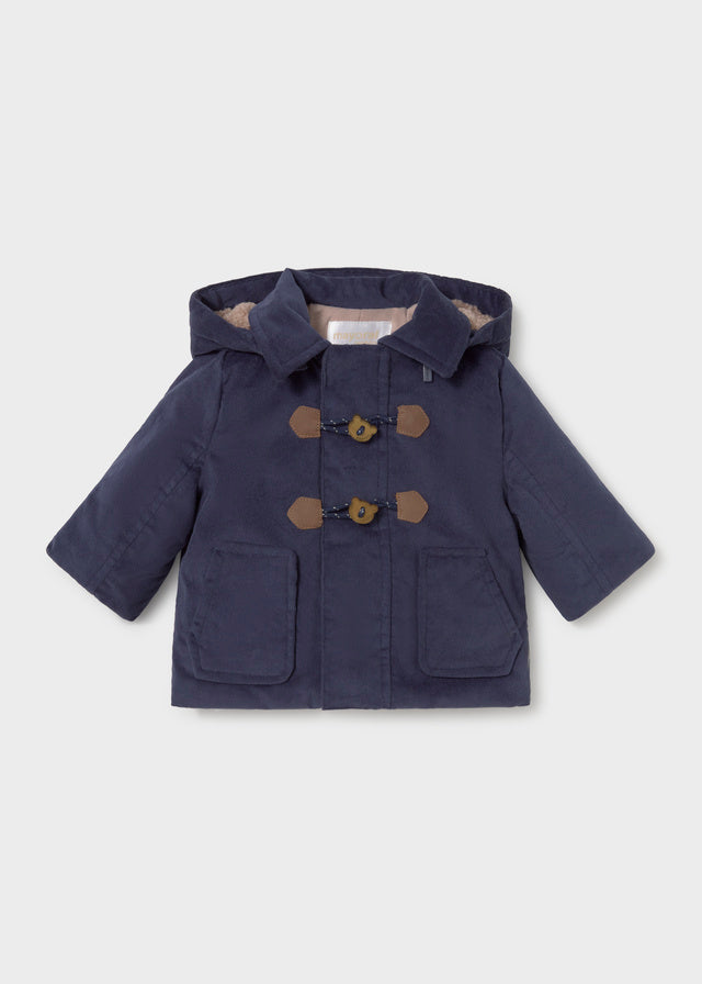 Giaccone neonato Mayoral stile trench blu navy con cappuccio e alamari