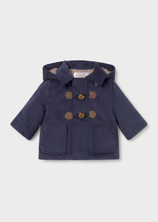 Giaccone neonato Mayoral stile trench blu navy con cappuccio e alamari