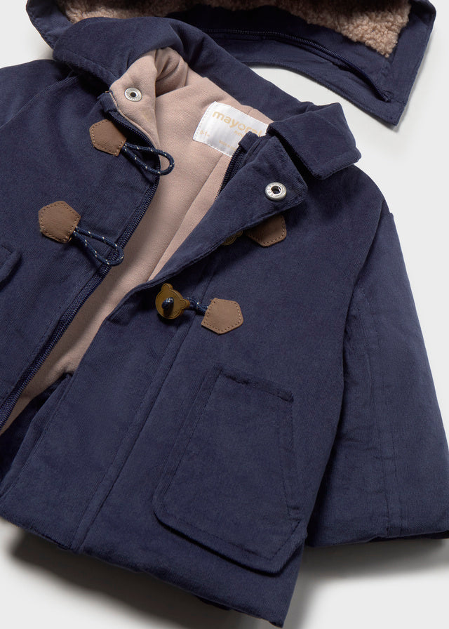 Giaccone neonato Mayoral stile trench blu navy con cappuccio e alamari