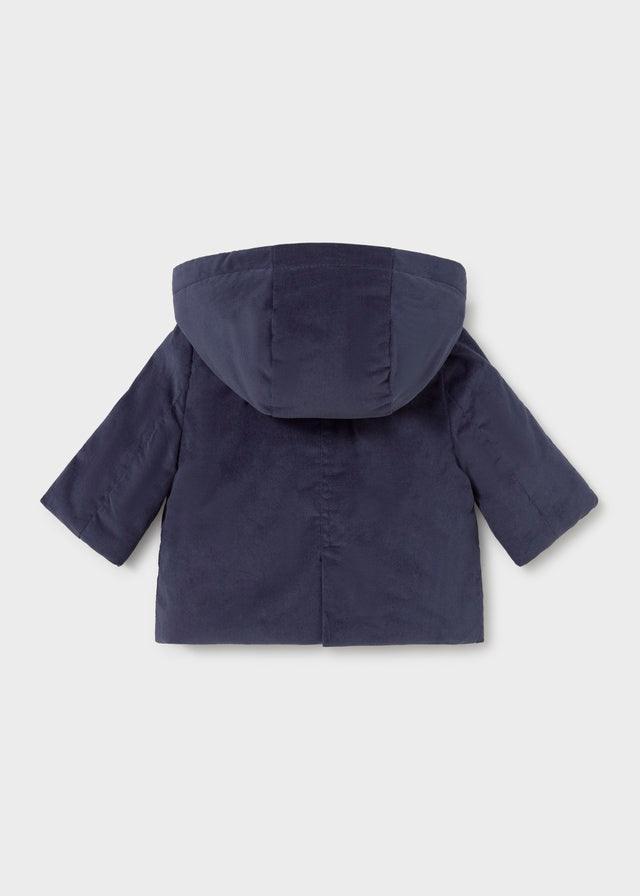 Giaccone neonato Mayoral stile trench blu navy con cappuccio e alamari