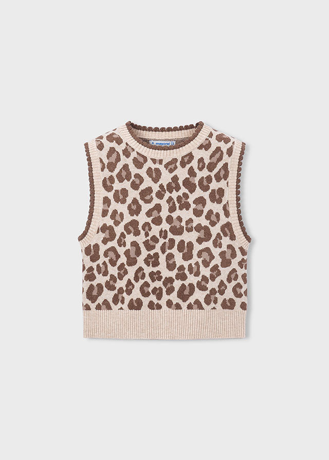 Gilet bambina Mayoral beige con fantasia leopardata vista frontale