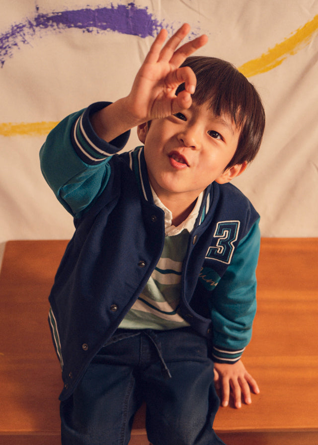 Giubbotto bomber bambino Mayoral blu navy e verde con numero 3