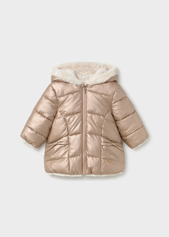 Giubbotto neonata effetto piumino bronzo con cappuccio, zip e tasche Mayoral