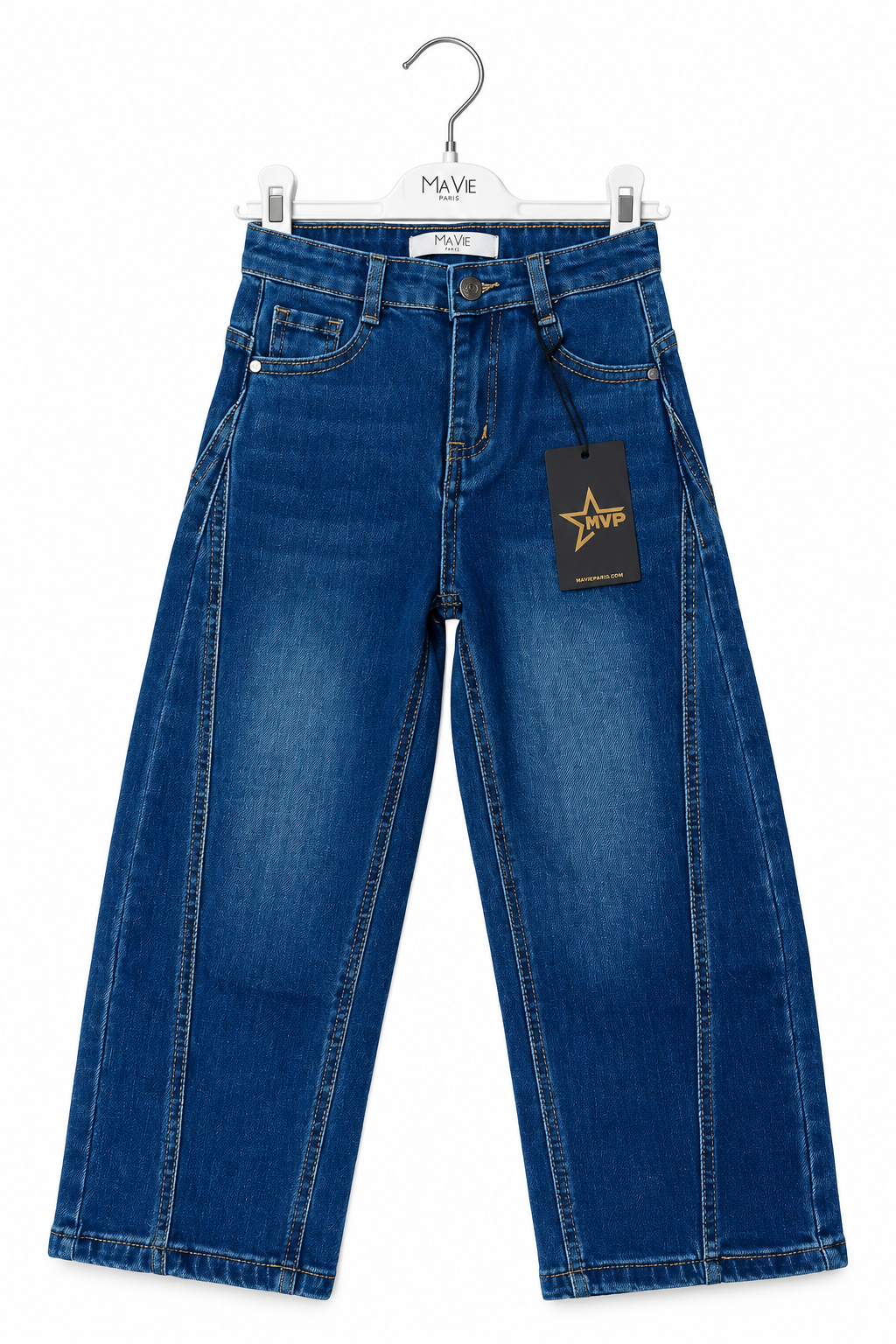 Jeans Mavie Paris da ragazza blu denim wide leg, vista frontale con bottone, zip e tasche.