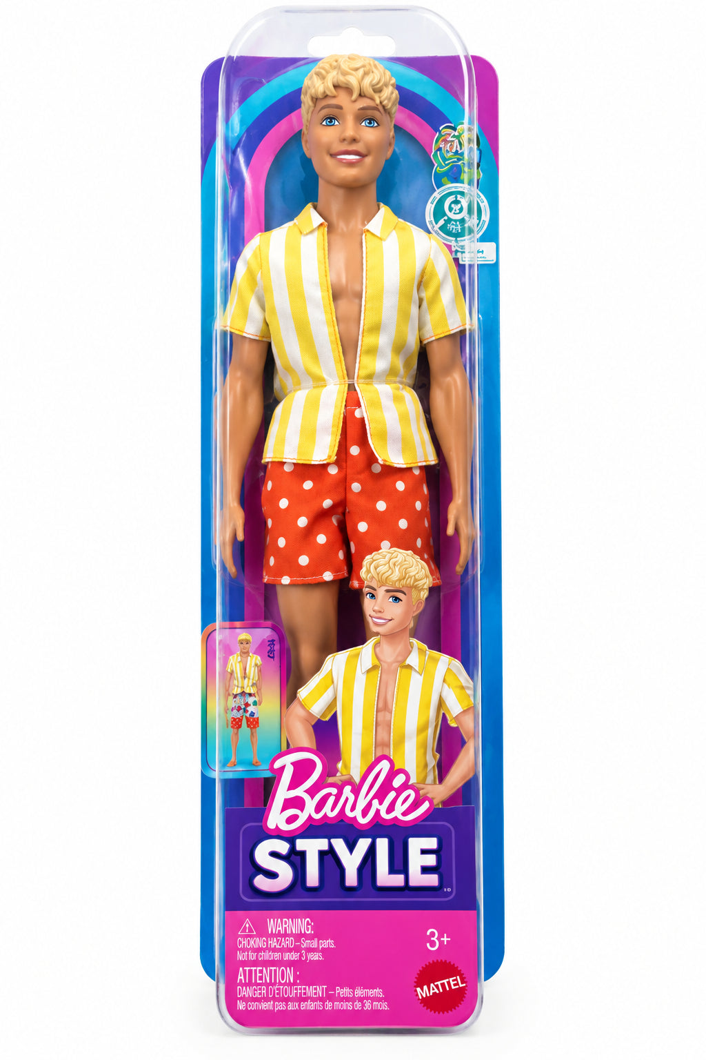 Ken Barbie Fashionistas con capelli biondi stile mullet e outfit estivo colorato.