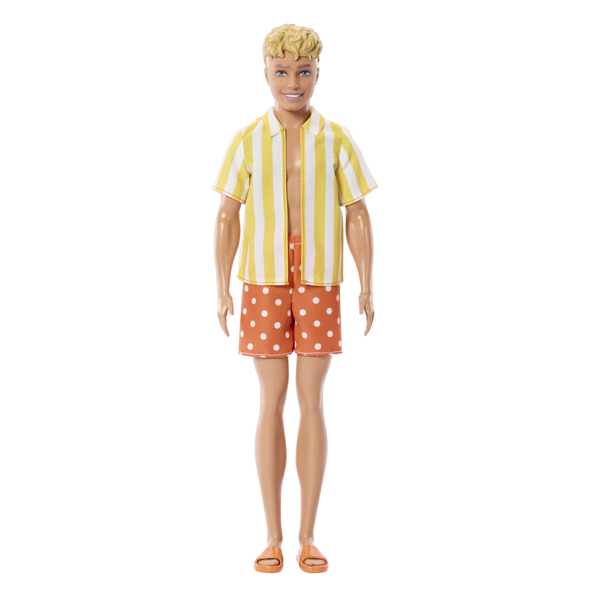 Ken Barbie Fashionistas con capelli biondi stile mullet e outfit estivo colorato.