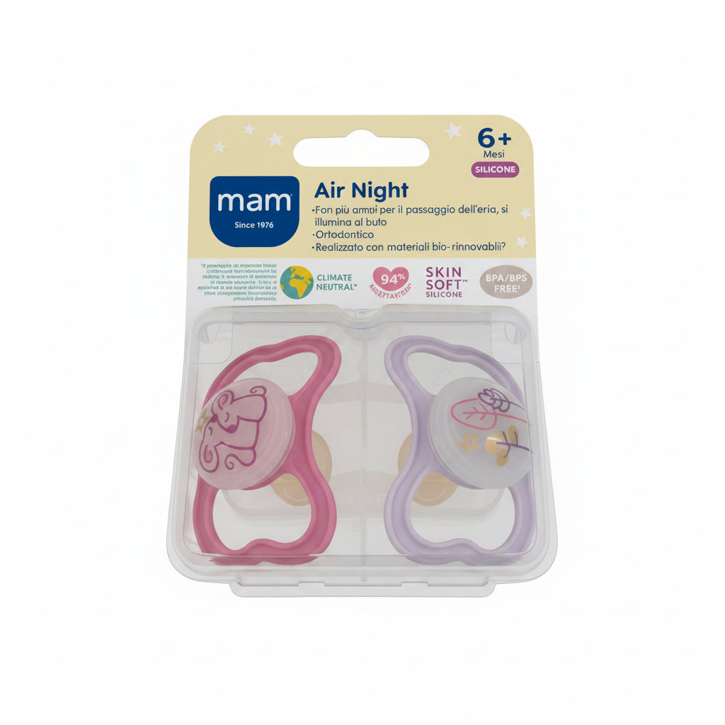 MAM Air Night 6+ Mesi succhietto Girl doppio in Silicone SkinSoft™, ortodontico, con bottone che si illumina al buio e fori di ventilazione extra-large.