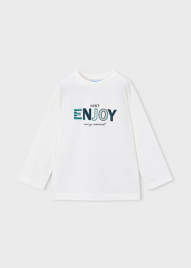 Maglia bambino Mayoral bianca a manica lunga con stampa frontale Enjoy