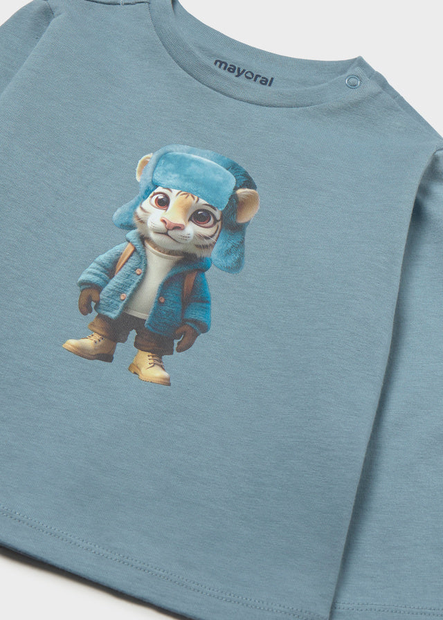 Maglietta neonato Mayoral in caldo cotone azzurro polvere con tigre dettaglio