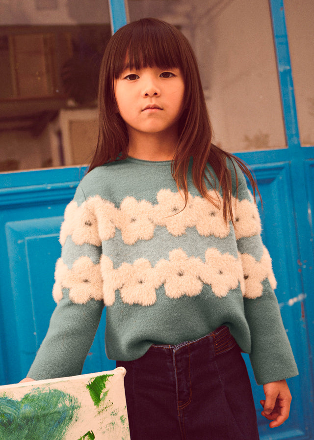 Maglione bambina Mayoral verde acqua con fiori effetto peluche écru