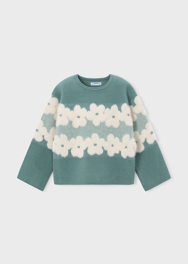 Maglione bambina Mayoral verde acqua con motivo floreale visto frontalmente