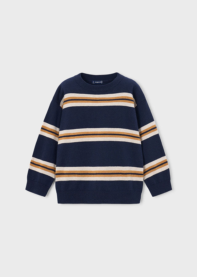 Maglione bambino Mayoral a righe blu navy panna e ocra visto frontalmente