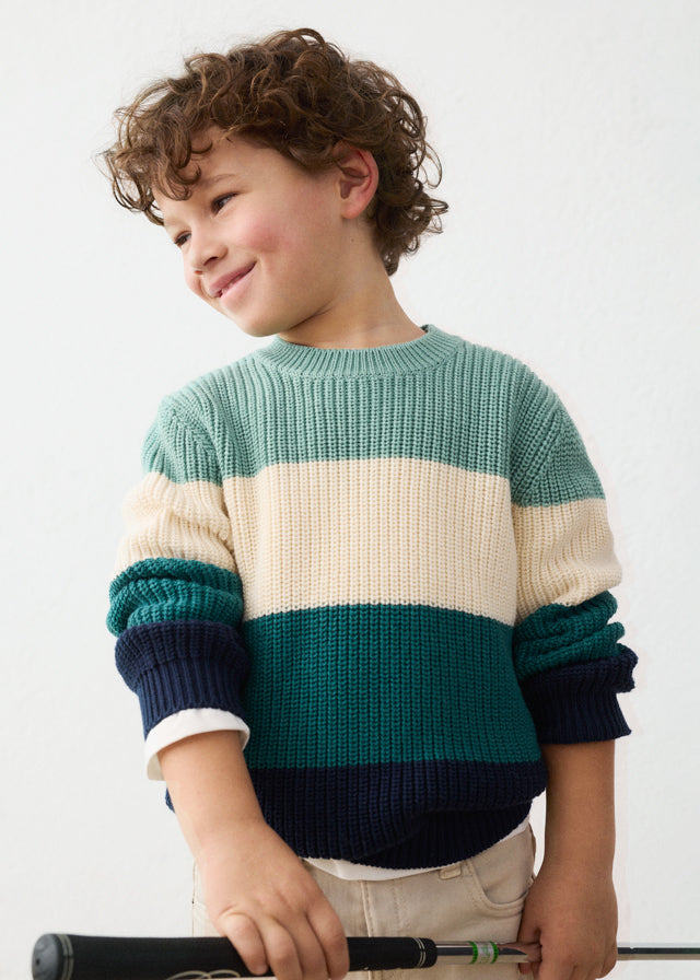 Maglione bambino Mayoral color block verde acqua écru verde petrolio e blu navy