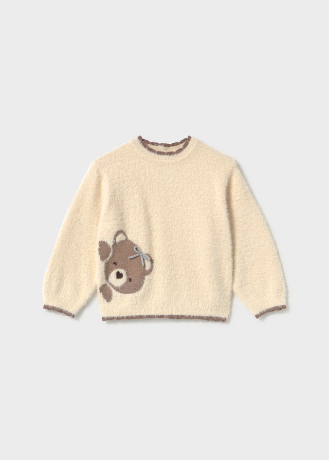 Maglione neonata Mayoral effetto pelliccia écru con orsetto e fiocco