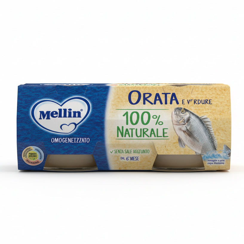 Mellin Omogeneizzato Pesce Orata 2 x 80 g, omogeneizzato per lo svezzamento con orata selezionata, ideale per preparare pappe nutrienti.