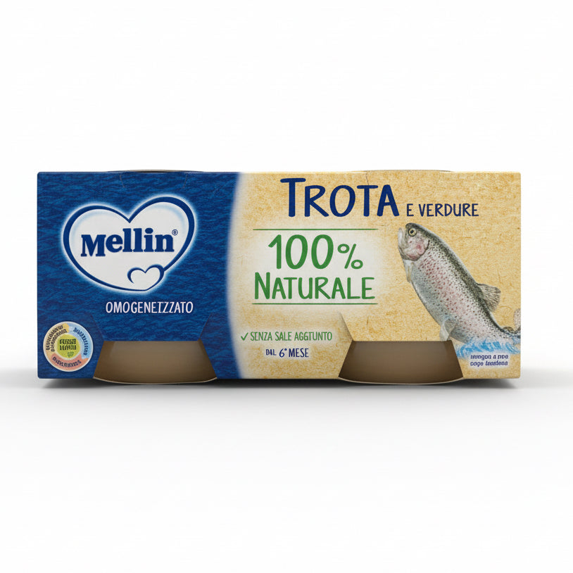 Mellin Omogeneizzato Pesce Trota 2 x 80 g, omogeneizzato per lo svezzamento con trota selezionata, ideale per preparare pappe nutrienti.