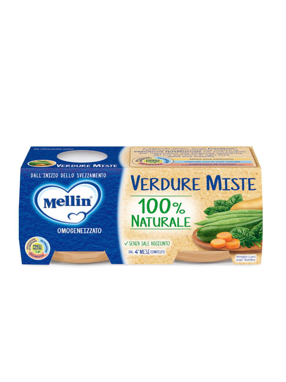 Mellin Omogeneizzato Verdure Miste 2 x 80 g, omogeneizzato per lo svezzamento converdure selezionate, ideale per preparare pappe nutrienti.