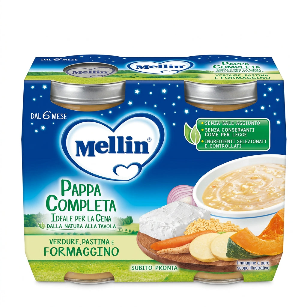 Mellin Pappa Completa Verdure, Pastina e Formaggino 2 Vasetti da 200 g