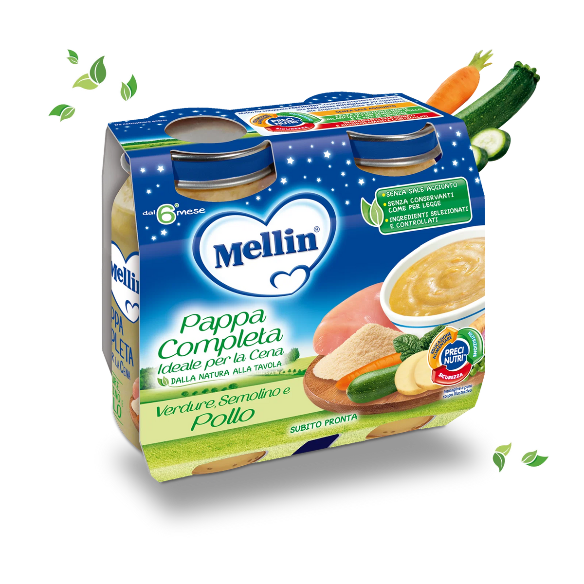  Mellin Pappa Completa Verdure, Semolino e Pollo, confezione da 2 vasetti da 200 g per bambini dal 6° mese.