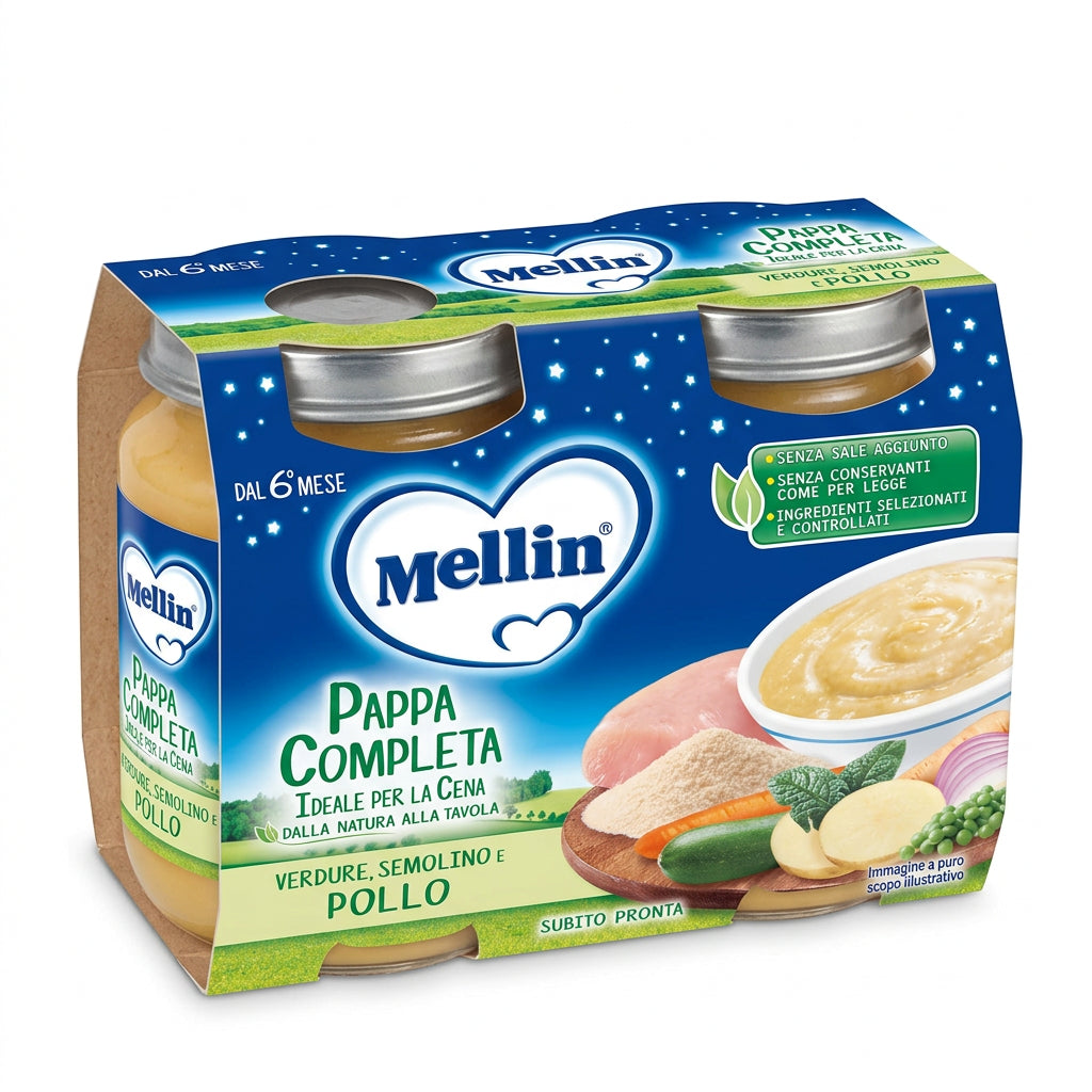  Mellin Pappa Completa Verdure, Semolino e Pollo, confezione da 2 vasetti da 200 g per bambini dal 6° mese.